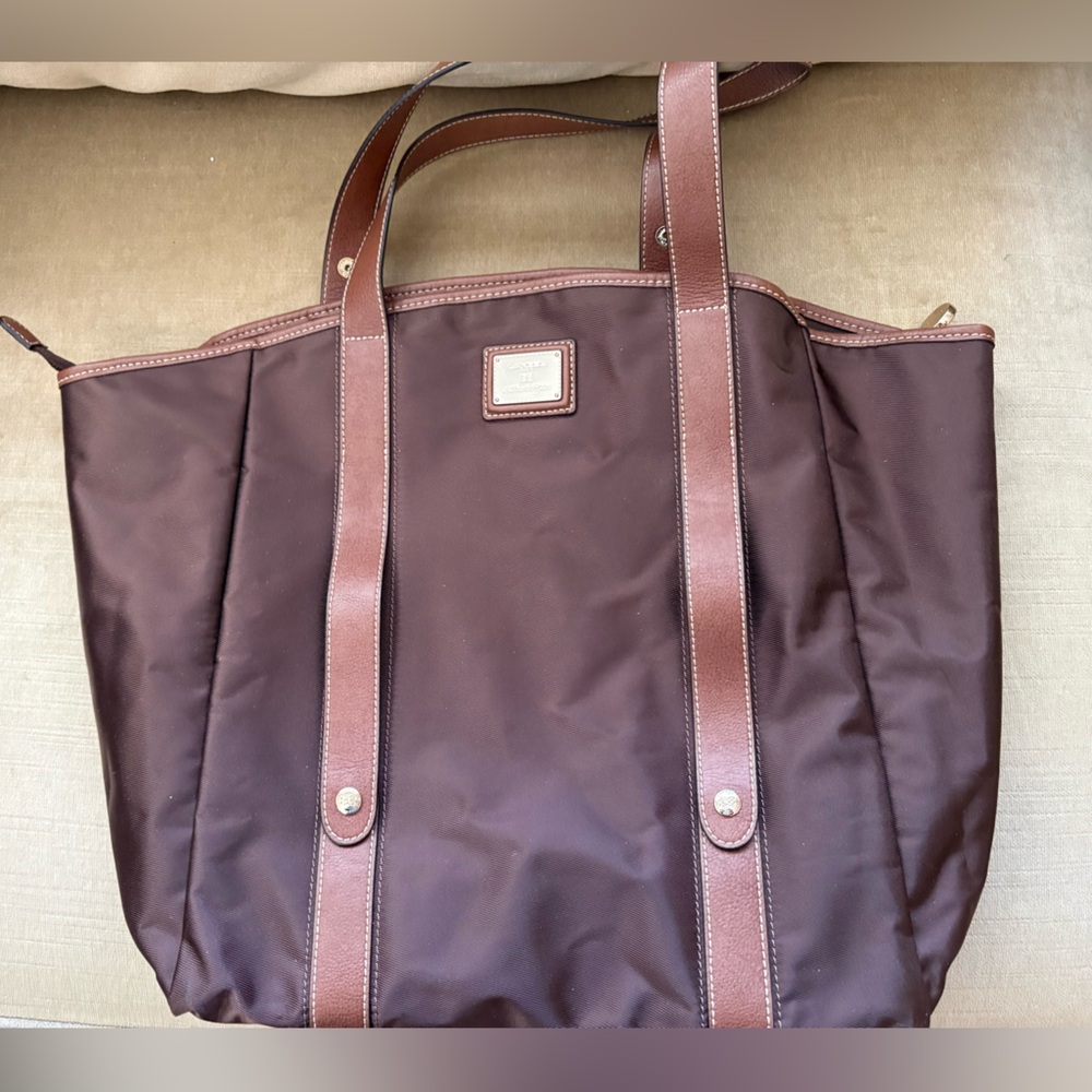 Lancel Brown Packable Nylon Tote Bag with Cylinder Pouch